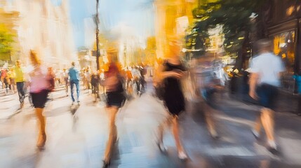 Poster - Blurred high energy view of a crowded fast paced city street with pedestrians cars and buildings in motion capturing the dynamic atmosphere of a busy urban environment