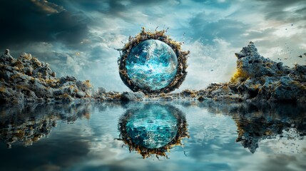 Poster - Metaphysical self-reflection in a liquid landscape ethereal world digital art surreal environment dreamy perspective