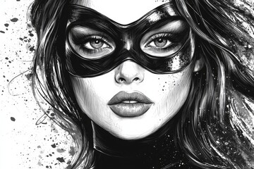 Aufkleber - Striking portrait of a female masked character with dramatic makeup in black and white style