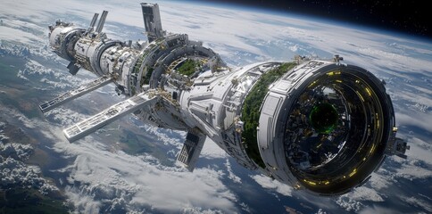 Poster - Innovative space colonization station low earth orbit digital art futuristic aerial view organic ecosystem development