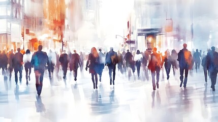Poster - Blurred motion of anonymous people walking on a crowded city street during the busy rush hour commute  Concept of fast paced metropolitan lifestyle and urban corporate environment