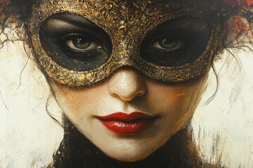 Poster - Mysterious woman in ornate mask with striking eyes and bold red lips
