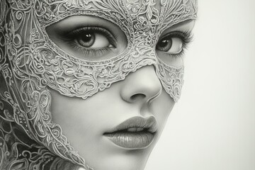 Poster - Artistic close-up of a woman wearing an intricate lace mask in monochrome
