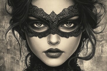 Aufkleber - Mysterious woman wearing an intricate black mask with striking eyes and dark hair in an elegant artistic composition