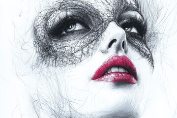 Poster - Stunning portrait of a woman with intricate lace design and bold makeup conveying elegance and mystery