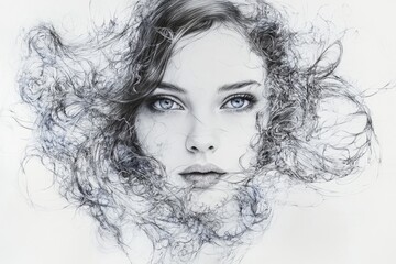 Poster - Intricate sketch of a woman's face surrounded by flowing strands of hair and wisps adding an ethereal quality