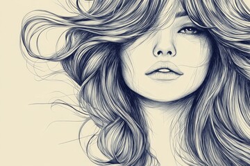 Aufkleber - Beautiful portrait of a woman with flowing hair in a detailed illustration showcasing elegance and expression