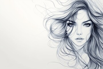 Aufkleber - Captivating portrait of a woman with flowing hair showcasing intricate line art and expressive features
