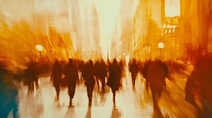 Poster - Blurred urban rush   Bustling city street with flowing crowd of commuters and pedestrians at night conveying a sense of rapid movement energy and technology driven modern metropolitan lifestyle