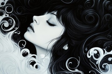 Poster - Portrait of a woman with flowing hair surrounded by intricate swirls in a monochrome style