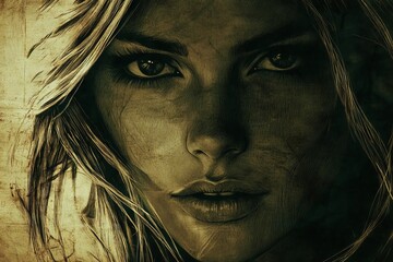 Poster - Intriguing portrait of a young woman with captivating eyes and detailed textures created with artistic finesse