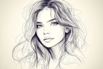 Poster - Artistic portrait of a young woman with flowing hair and expressive eyes in detailed line art style