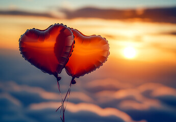 Wall Mural - Two heart-shaped balloons floating in the sky at sunset, symbolizing love and romance on Valentine's Day.