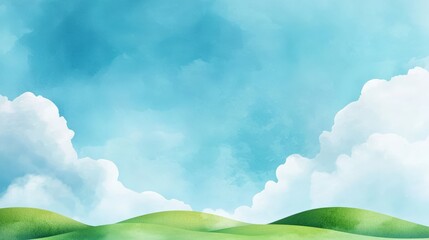 Wall Mural - A blue sky with clouds and a green hill