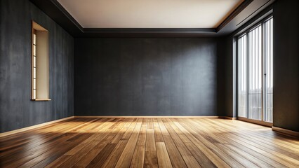 Poster - Empty Room Black Wall Wooden Floor Tilt-Shift Miniature Photography