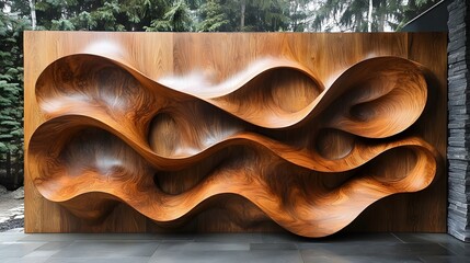 Poster - Captivating wooden sculpture featuring a mesmerizing design with undulating curves and fluid patterns