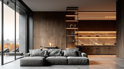 Poster - Modern interior of the apartment, with the living room and kitchen in one open space. The floor is covered in gray marble tiles, and the walls feature wooden elements.