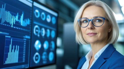 Poster - A portrait of a blonde woman wearing blue glasses and a blue blazer, confidently positioned in front of two monitors displaying dynamic graphs and