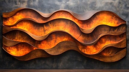 Poster - Mesmerizing Wavy Digital Sculptural Art with Fiery Orange Gradient Tones   Captivating 3D Rendered Abstract Design Featuring Dynamic Curving Shapes and Undulating Patterns in a Futuristic