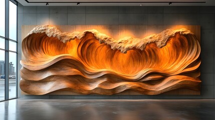 Poster - Monumental Sculptural Installation Depicting Swirling Fiery Oceanic Waves Captivating Viewers in Contemporary Art Gallery Exhibition  The Dramatic
