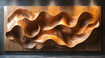 Aufkleber - Mesmerizing wooden sculpture featuring organic wavy patterns and flowing undulating curves that create a captivating contemporary and visually striking design  The natural textures and warm