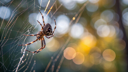 Spider on web, outdoor, blurred background, animal wildlife with nature in sunlight, an emotional expression of calm
