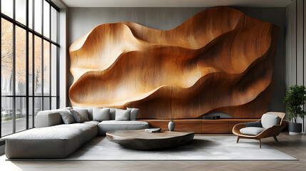 Poster - Stunning contemporary living room with an organic inspired curved wooden wall sculpture that creates a dynamic and focal point