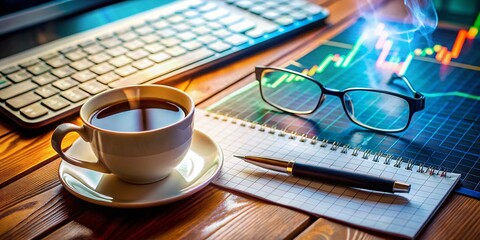 Poster - Financial Analysis: Coffee, Pen, Glasses & Keyboard on Stock Market Graph