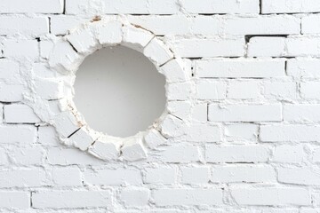 Poster - Damaged white brick wall with round hole, creating an intriguing look. Textured surface adds character.
