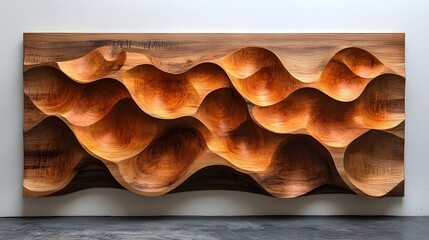 Aufkleber - Undulating wooden sculpture with dynamic flowing organic shapes displayed in a modern minimalist gallery interior  The warm