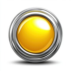 Poster - Round yellow glossy button with silver rim on a white background.