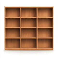 Poster - White background, three isolated wooden bookcases with a warm finish.