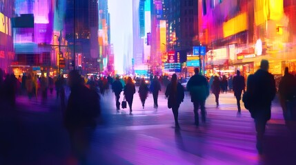Poster - Vibrant nighttime city street scene with a bustling crowd of people neon lights traffic and a lively energetic atmosphere  Cityscape with illuminated buildings advertisements