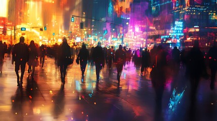 Poster - Vibrant nightlife in a bustling cosmopolitan city with dazzling neon lights glowing advertisements and a lively crowd of silhouetted pedestrians in motion