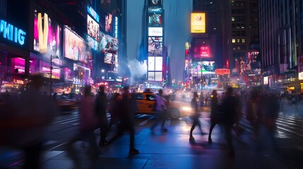 Poster - Vibrant nighttime scene in the heart of a bustling city metropolis  Crowds of people crossing a busy street surrounded by towering skyscrapers neon signs illuminated billboards