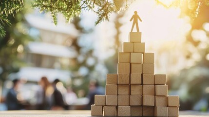 Poster - Wooden blocks represent human resources and networking concepts in a sunny outdoor setting, showcasing teamwork and growth.