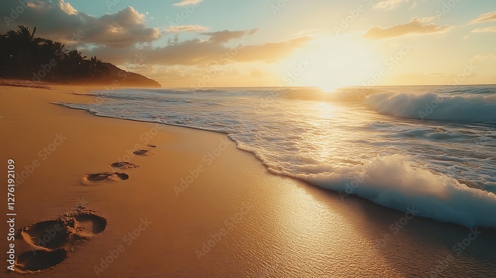 Beautiful sunset on the beach with footprints in the sand and waves ...