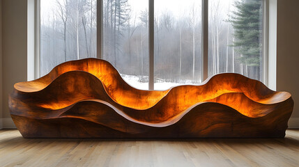 Aufkleber - Warm glowing wooden organic sculptural wave like shape resting on a window sill creating a cozy and inviting atmosphere in a minimalist interior with a serene scenic forest view outside