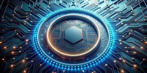 Poster - Futuristic Digital Technology Circle: Glowing Microchip Big Data Circulation