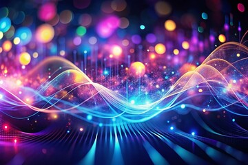 Poster - Futuristic Glowing Waveforms with Bokeh Lights - Abstract Digital Art