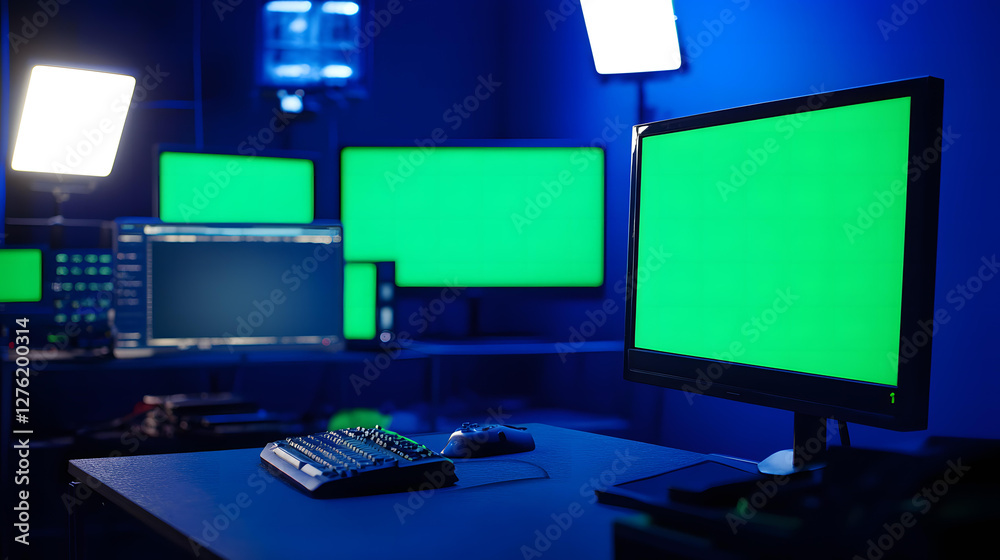 Modern video editing studio setup with multiple green screen monitors ...
