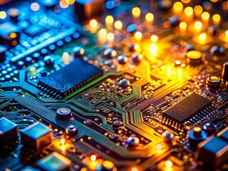 Poster - glowing circuit board close-up: tech background stock photo