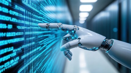 Poster - robotic hand interacts with a digital screen displaying blue binary code. futuristic technology conc