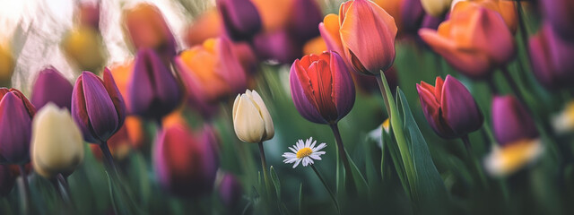 Wall Mural - Tulips and chrysanthemums planted in the park