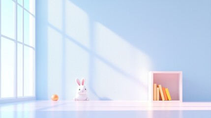 Poster - Bright and Calm Interior Space with a Rabbit and Bookshelf in Soft Light