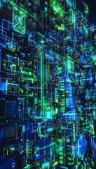 Poster - Futuristic glowing circuit board with neon green and blue lights