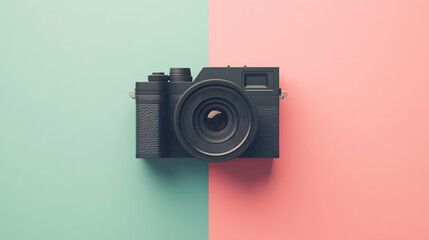 Poster - Stylish camera on pastel background, sleek design, perfect for photography enthusiasts, vibrant colors complementing modern creativity.