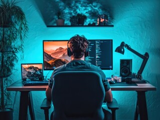 modern office workspace with computer desk and electronic devices