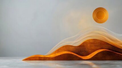 Poster - Abstract landscape with flowing waves and a golden circle symbolizing sun in a serene minimalist setting