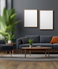 Wall Mural - Modern cozy living room with minimalist design featuring green plants and empty picture frames on a dark wall